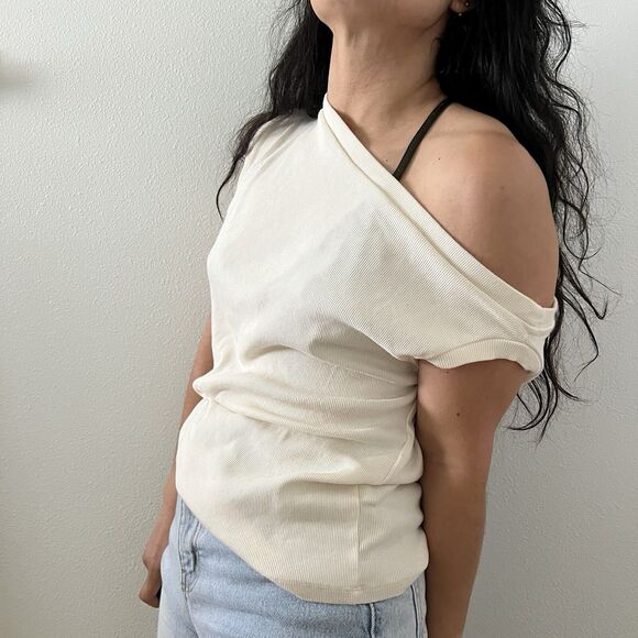 Anthropologie By Together knit beige neutral Tee cowl shoulder slouch Size Large - Picture 6 of 6